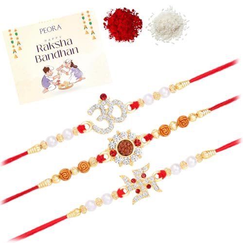 Image of Peora Om Shree Ram Swastik Rakhi for Brother Bhaiya | Crystal & Beads Studded | Red Thread | Raksha Bandhan Hamper with Roli Chawal Greeting Card