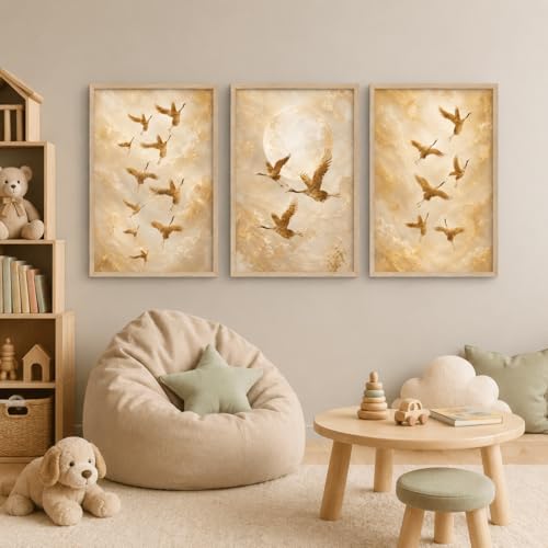 Image of Artify Set of 3 Golden Flying Birds Wall Painting for Living Room Bedroom Hall Office Decor, Premium Wooden Synthetic Frame Nature Artwork Gift
