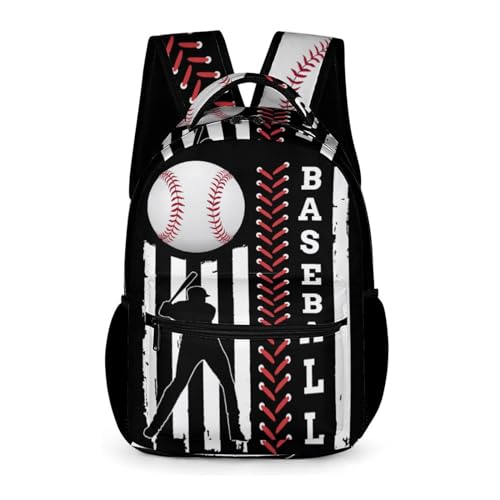 GNEW American Flag Baseball Backpack Boys Baseball School Backpack, Cool Kids Baseball Backpack for Boys, Black White Red Travel Laptop Backpack, Elementary Middle High School Bookbags, 16.5 Inch
