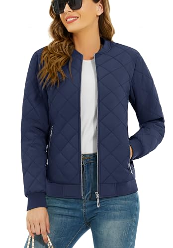 TACVASEN Winter Jackets for Women Quilted Lightweight Jacket Casual Bomber Jackets Zip Up Long Sleeve Coat with 2 Zip Pockets Navy Blue, M
