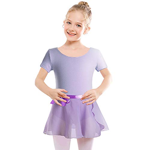 iMixCity Enfant Fille Justaucorps de Gymnastique Ballet Danse Dancewear Manches Longues avec Self-Tie Jupe en Mousseline (110 (3-4 T), A_Violet)