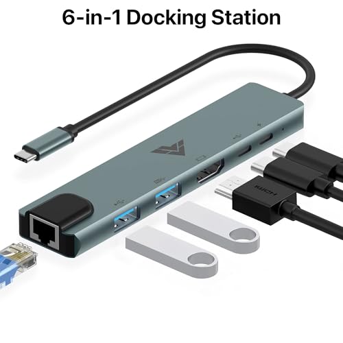 Image of 6-in-1 USB C Hub Multiport Adapter with 4K HDMI 2 x USB 3.0 /2.0 Ports Type-C 100W PD Charging Data Transfer Speed Upto 5GBPS Ethernet Compatible with MacBook, iPad, Dell, HP, Chromebook, Lenovo & More