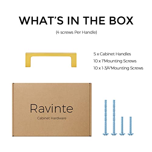 Image of Ravinte Brushed Brass Solid Pulls Cabinet Handles 3-1 /2 Inch 5 Pack | Solid Zinc, Slim Design, Mounting Screws Included, Kitchen Cabinet Hardware, For Cupboards, Dressers, Drawers