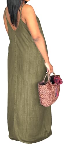 Image of SeNight Women's Maxi Denim Dress Spaghetti Strap with Pockets | Maxi Denim Dress Spaghetti Strap Loose Fit Summer Beach Long Dress with Pockets
