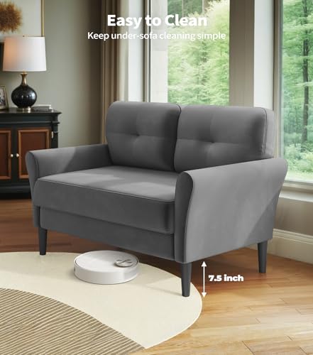 Domusensus Kleines Sofa 2 Sitzer, 123CM kleine Couch 2 Sitzer, Sofa klein mit 53CM extra tiefen Sitzen, MiniSofa Wohnzimmer, Werkzeugfreie Montage Sofas & Couches, Bequemer Samt Mini Couch, Grau