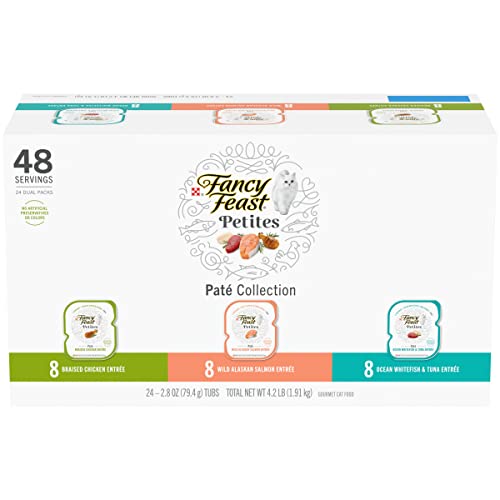 Purina Fancy Feast Gourmet Wet Cat Food Variety Pack, Petites Pate Collection, Break-Apart tubs, 48 Servings - (24) 2.8 oz. Tubs