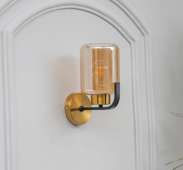 Image of Luxury Brass Finish Ribbed Glass Design Decorative Wall Lamp Sconce for Bedroom, Living Room, Hotel, Corridor, Cafe, Restaurant, Hallway,Balcony, Showroom