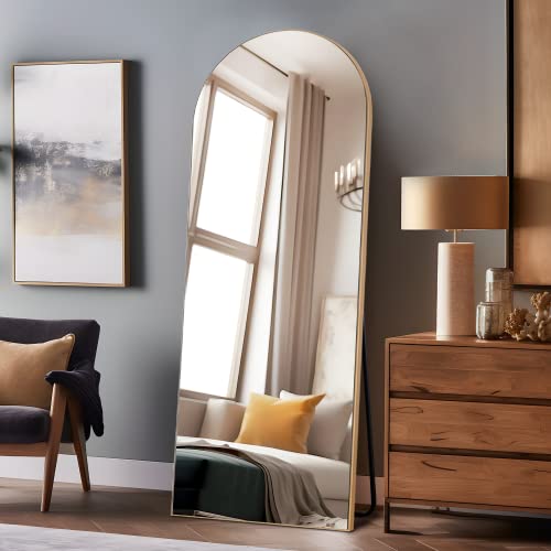 NeuType 64/''x21/'' Arched Full Length Mirror with Stand Shape Wall Mounted Large Body Bedroom Hanging or Leaning Against Wall, Wood Frame - Natural, US-LJ163PS011-WD_T2_VC