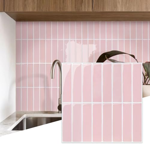Commomy Peel and Stick Tile Backsplash - 10 Pcs of 12 x 12 Vertical 3D Peel and Stick Backsplash for Kitchen and Bathroom Interior Wall Tile Pink (Glossy Surface Covers 10 sq.ft)