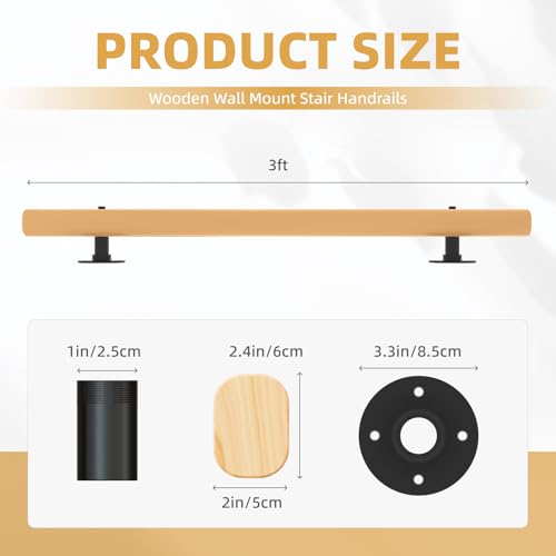 3 FT Wood Handrails for Indoor Stairs, Wall-Mounted Staircase Handrails for Indoor Outdoor Stairs, Non-Slip Stair Railing Indoor for Kids, Elderly, Pregnant Women, Disabled