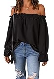 Spriolim Womens Off Shoulder Fashion Blouse Casual Long Sleeve Chiffon Top Shirt Blouses Black, Medium