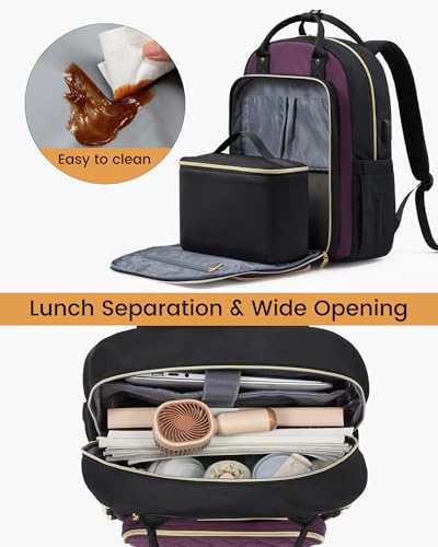 Image of LOVEVOOK Lunch Backpack for Women, 15.6 Inch Laptop Bag with Insulated Cooler Lunch Box, Work Backpack for Teacher Nurse, Travel Backpack Lunch Bag for Camping Picnic Daily Use, Purple Black