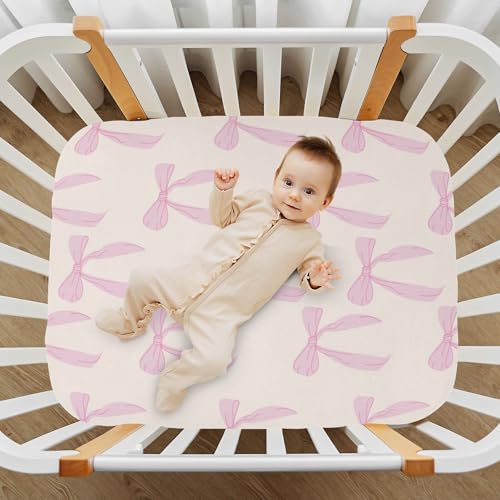 Image of Fitted Crib Sheets Coquette Bows Cute Pink Stretchy Portable Playard Sheets for Baby Toddler, Breathable Soft Mini Crib Mattress 39 x 27 In for Boys and Girls