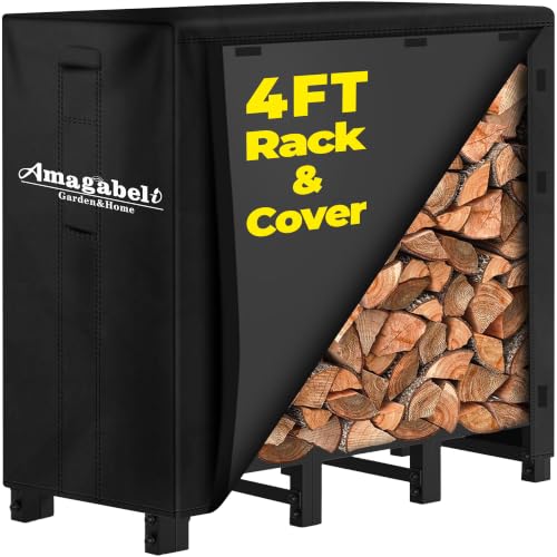 Amagabeli 4ft Firewood Log Rack with Cover Outdoor Heavy Duty Firewood Rack With Weather Resistant 600D Oxford Fabric Cover Indoor Outdoor Wood Racks for Fire Wood Holder