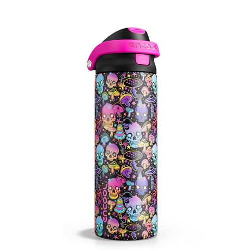 Image of Encool SwiftSip Insulated Stainless Steel Water Bottle with Straw - Leak Proof Sports Water Bottle for School, Travel, Keeps Cold All Day, One-Touch Flip Lid, BPA-Free, 24 oz, Trippy Skulls