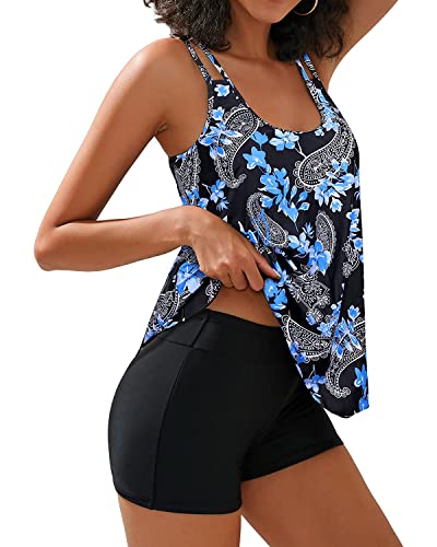 Yonique Womens Two Piece Swimsuits Tankini Top With Boy Shorts Tummy Control Bathing Suits Athletic Swimwear Blue Flower L thumb #1