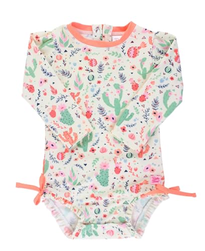 Image of RuffleButts Baby Girls UPF 50+ Sun Protection Floral Printed Long Sleeve One Piece Rash Guard Swimsuit with Zipper
