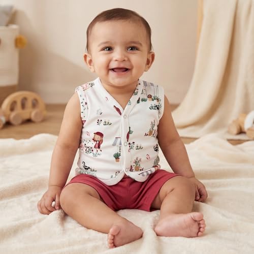 Image of Haus And Kinder Baby Clothes Set For 0-6 Months - Pack Of 5 | 5-piece Newborn Outfit With Onesie, T-shirt, Pants, Shorts, Vest ? Soft Jersey Cotton Infant Apparel | Scarlet Print For Boys & Girls