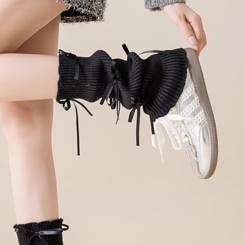 Image of Leg warmers Y2k Wind with bow lace-up knit Harajuku Kawaii leg warmers accessories 80's vintage high leg socks