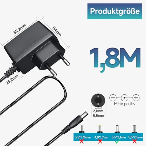Netzteiladapter 9 V 0,5 A 4,5 W 1,8 m, AC-DC-Schaltadapter (Eingang 100 – 240 V, Ausgang 9 Volt 0,5 A), DC 9 V 5,5 x 2,1 mm Transformatorstecker zur Wandmontage