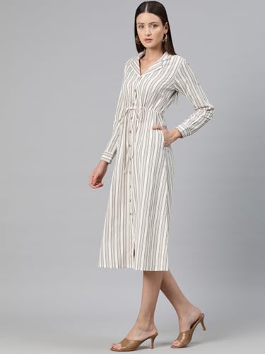 Image of Cottinfab Women Beige and White Striped Cotton Shirt Midi Dress Long Sleeves