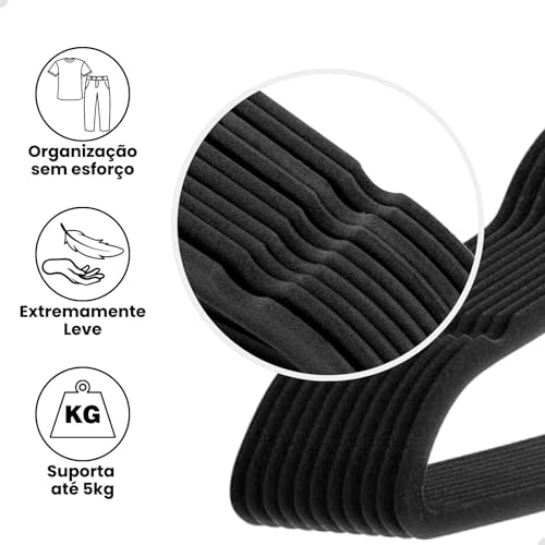 Kit 30 Cabides de Veludo 360° Antideslizante Para Roupas (Preto)