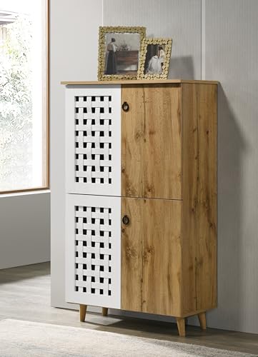 Image of DeckUp Ceylon 4-Door Engineered Wood Shoe Rack (Wotan Oak & White, Matte Finish)