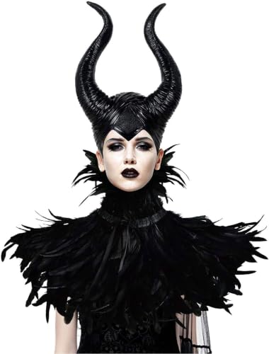 HOMELEX Evil Queen Feather Horns Costume for Women Black Cape Halloween Headpiece Shawl Accessories