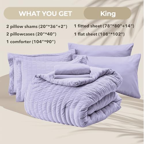 Image of HYMOKEGE Light Purple King Size Comforter Set Seersucker 7 Pieces, All Season Luxury Bed in a Bag for Bedroom, Bedding Set with Comforter, Sheets, Pillowcases & Shams