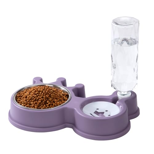 Ciotola per gatti con bottiglia d'acqua automatica, antiscivolo, 2 in 1, con base per cani e gatti di piccole e medie dimensioni, 32 x 20,5 x 5,5 cm