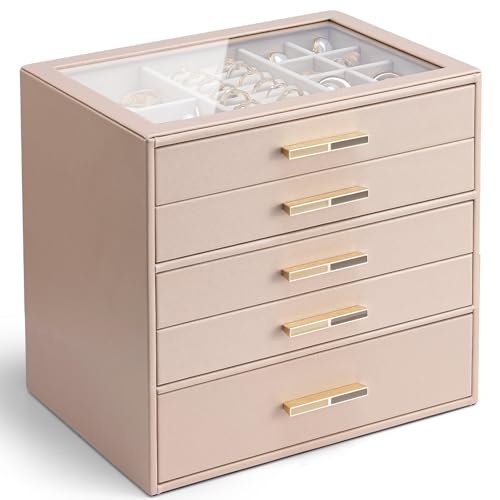 Vlando 5 Layer Jewelry Box for Women, Glass Lid Jewelry Organizer with 5 Drawers for Necklaces Rings Earrings Bracelets - Toffee F. Toffee 5-Layer