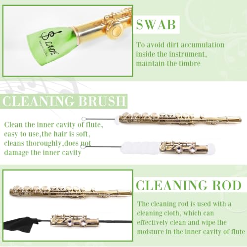Image of Vesici 40 Pcs Flute Cleaning Kit, Flute Care Accessories Set,Green | Portable Music Accessory Organization with Cleaning Rod, Swab, Brush, Grease, Case, Thumb Rest Cushion for Flute Maintenance
