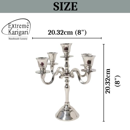 Image of Aluminum Metal 5-Arm 8inch German Silver Candelabra for Dining Table | Vintage Candle Stand for Romantic Dinner, Home & Wedding Decor