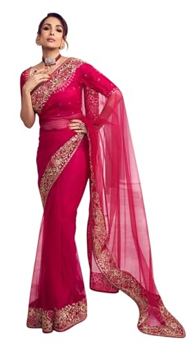 TRAFAART Sari En Filet Pour Femme Cadeau De Mariage Indien Sari Brodé Avec Chemisier Non Cousu Robe Ethnique - Rose