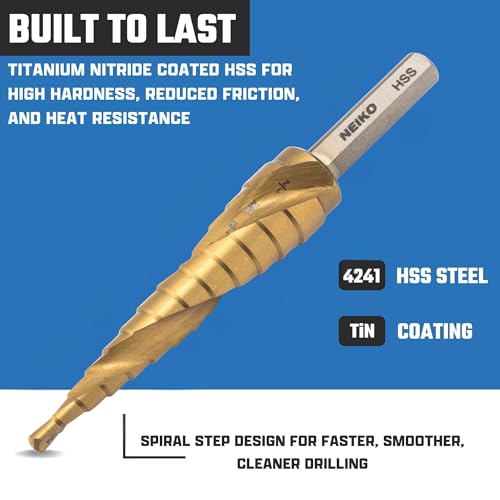 Image of NEIKO 10600A Step Drill Bit, 13 Steps 1 /8 inch to 1 /2 inch Spiral High Speed Steel, Titanium Nitride Coated, 1 /4 inch Tri Flat Step Bits for Steel, Metal, Wood, Plastic, Unibit Cone Drill Bits, Two Flute