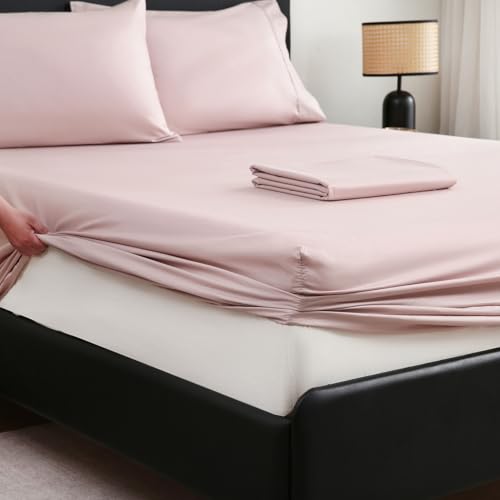 MEISHANG Extra Deep Pocket King Sheets Cotton - 1000 Thread Count Sheet Set - Fits 18"-24" in Deep Mattress,100% Egyptian Cotton,Sateen Weave, Soft & Breathable - 4 Piece (King, Light Pink)