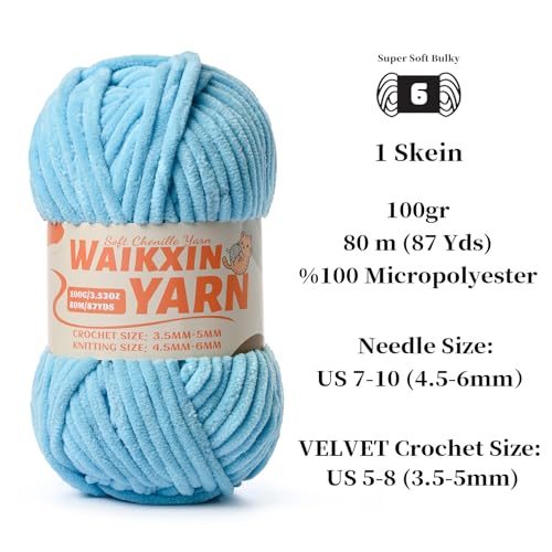 Image of (3 Azure Blue) 3 Pack Super Soft Fuzzy Chenille Chunky Yarn for Crocheting, 300g (261yds) Velvet Fluffy Amigurumi Yarn for Hand Knitting Baby Blankets Weaving Craft