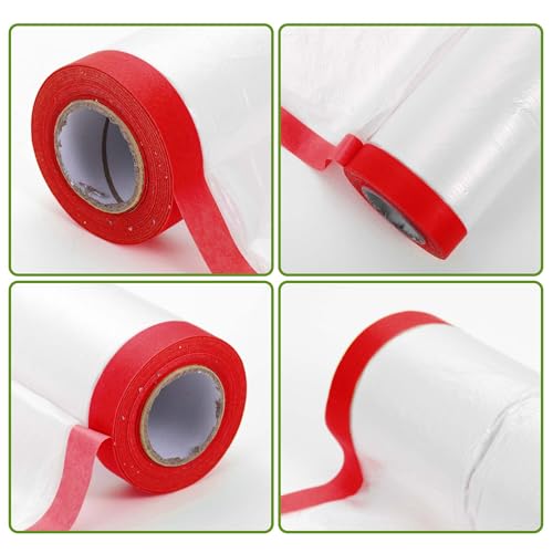 Image of Pre-Taped Masking Film Plastic Cover PE Film Masking Paper 1 Pc 2500x55cm / 82.02ftx21.65 inch White Red