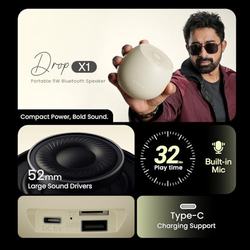 Image of HAMMER Drop X1 5W Bluetooth Speaker with Twin Pairing, Bluetooth v6.0, 32 Hours Playtime, 52mm Drivers (Beige)