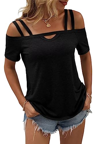 Womens Cold Shoulder Tops for Women Summer Sexy Cut Out Tops Short Sleeve Criss Cross Casual Shirts