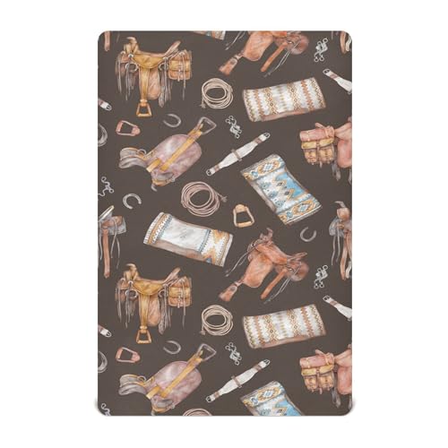 Image of Western Style Cowboy Pattern Crib Sheets Soft Breathable Fitted Baby Crib Sheets Mattress Cover for Girls Boys, 52 inch x 28 inch x 9 inch