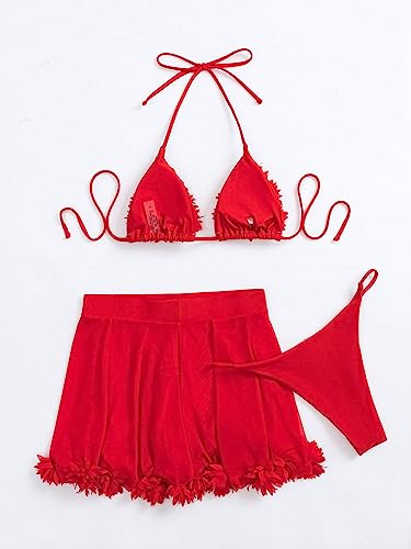 OYOANGLE Women's 3 Pieces Swimsuit Halter Triangle Bikini Swimsuit with Mesh Beach Skirt Cover Up3