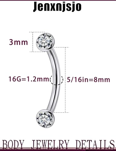 Jenxnjsjo F136 Titanium 16g 6/8/10mm Eyebrow/Rook/Snug/Vertical-Labret/VCH/Snake-Eyes/Anti-Tragus/Christina/Daith/Belly-Button/Bridge/Hood/Surface Curved Barbell Piercing Jewelry for Women Men3