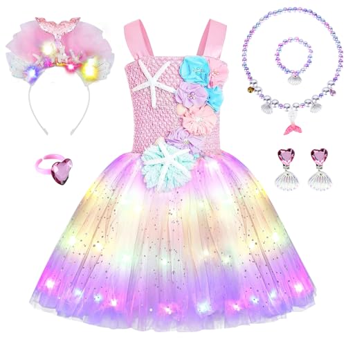 JONRRYIN Disfraz Princesa Sirenita Niña LED Con Diadema y Collar, Tutú Vestido Cosplay Para...