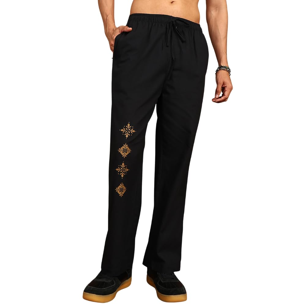 fabmade Men's Solid Black Linen Pajama with Floral Print Soft Lightweight Fabric Elastic Waist Drawstring Regular Fit Comfortable Lounge Nightwear Bottom-picture-17