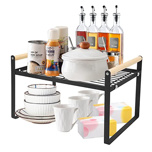 Fouvin Küchenregal Arbeitsplatte Organizer, Gewürzregale Stehend,Metall & Holz Stapelbarer Küchenablage Regal Gewürzregal Organizer,für Zuhause,Küche und küchenschrank Organizer, regaleinsatz,schwarz Cover