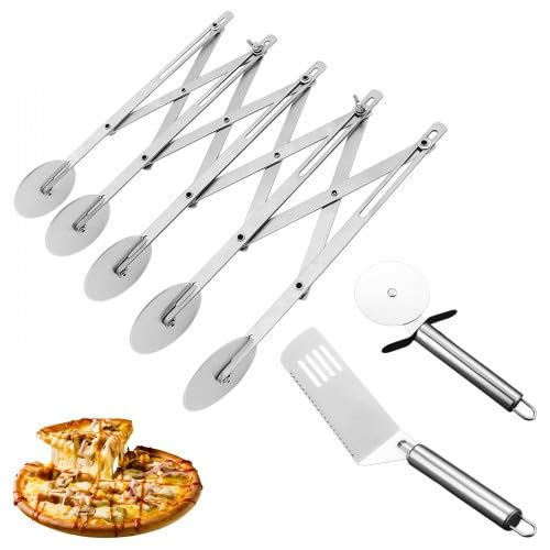 Coupe-Pâte à 5 Roues, Pelle à Pizza + Coupe-Pizza à une Roue en Acier Inoxydable, Roulette à Roues Réglables Multi-Usage pour Tarte, Gâteau, Biscuits,...