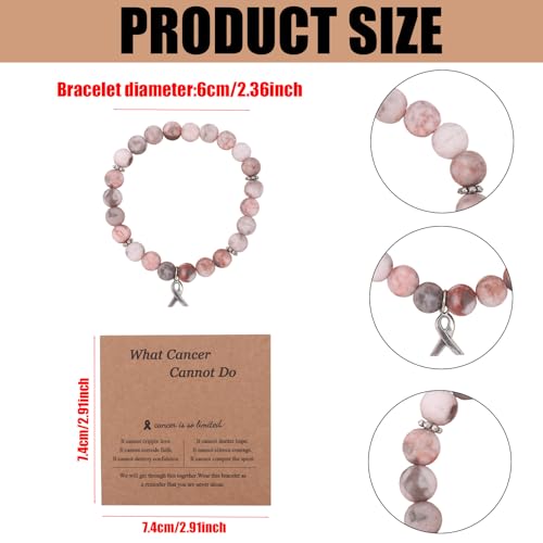 Breast Awareness Bracelets, Natural Stone Inspirational Ribbon Beaded Bracelet with Motivational Card Care Encouragement Gift for Women Friends Family Loved Ones2