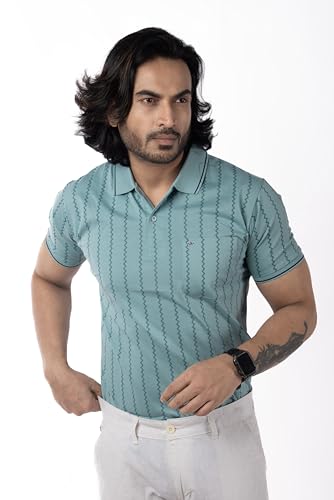 Image of Men's Polo T- Shirts Collar Neck Half Sleeves, Regular Fit, Cotton Mercerized Collection with All Over Vertical Printed Stripes /Comfortable and Soft