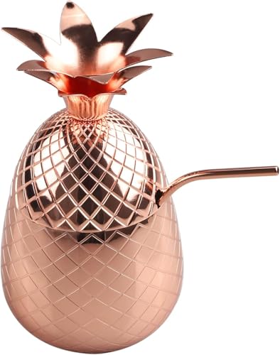 Pineapple Shape Cocktail Cup Stainless Steel Cocktail Drinking Shaker with Straw for Cocktail, Juice, Beer 500ml Pineapple Drink Cups Cocktail Drinking Glass for Home Party Accessories, Rose Gold